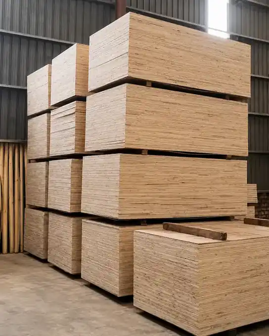 Large stacked shutterply bundles in warehouse